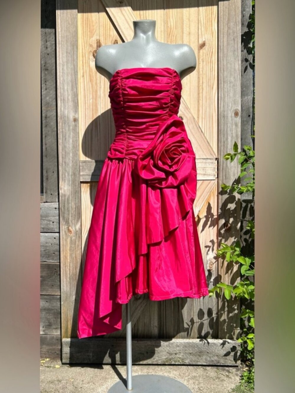 Vintage Retro 80s Mike Benet Fucsia Pink Taffeta Tier Rose Party Prom Dress~XS~